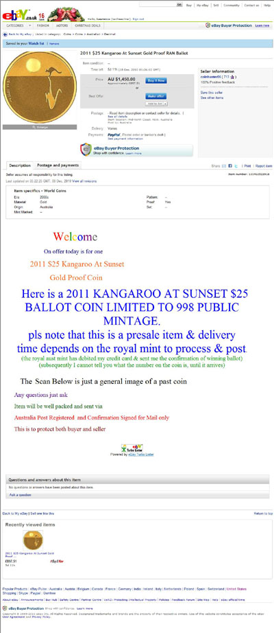 coinhunter06's eBay Listing Using our 2008 Australian Kangaroo at Sunset $25 Gold Proof  Coin Photograph